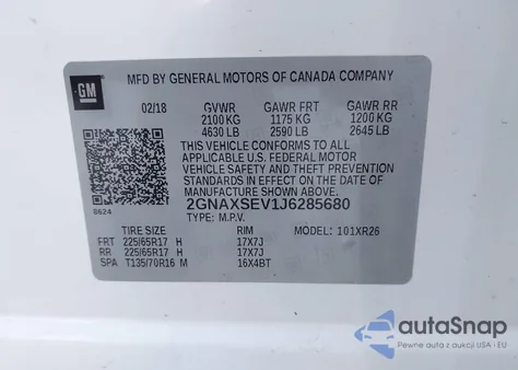 2018 Chevrolet Equinox Lt из США, поврежденный, VIN 2GNAXSEV1J6285680